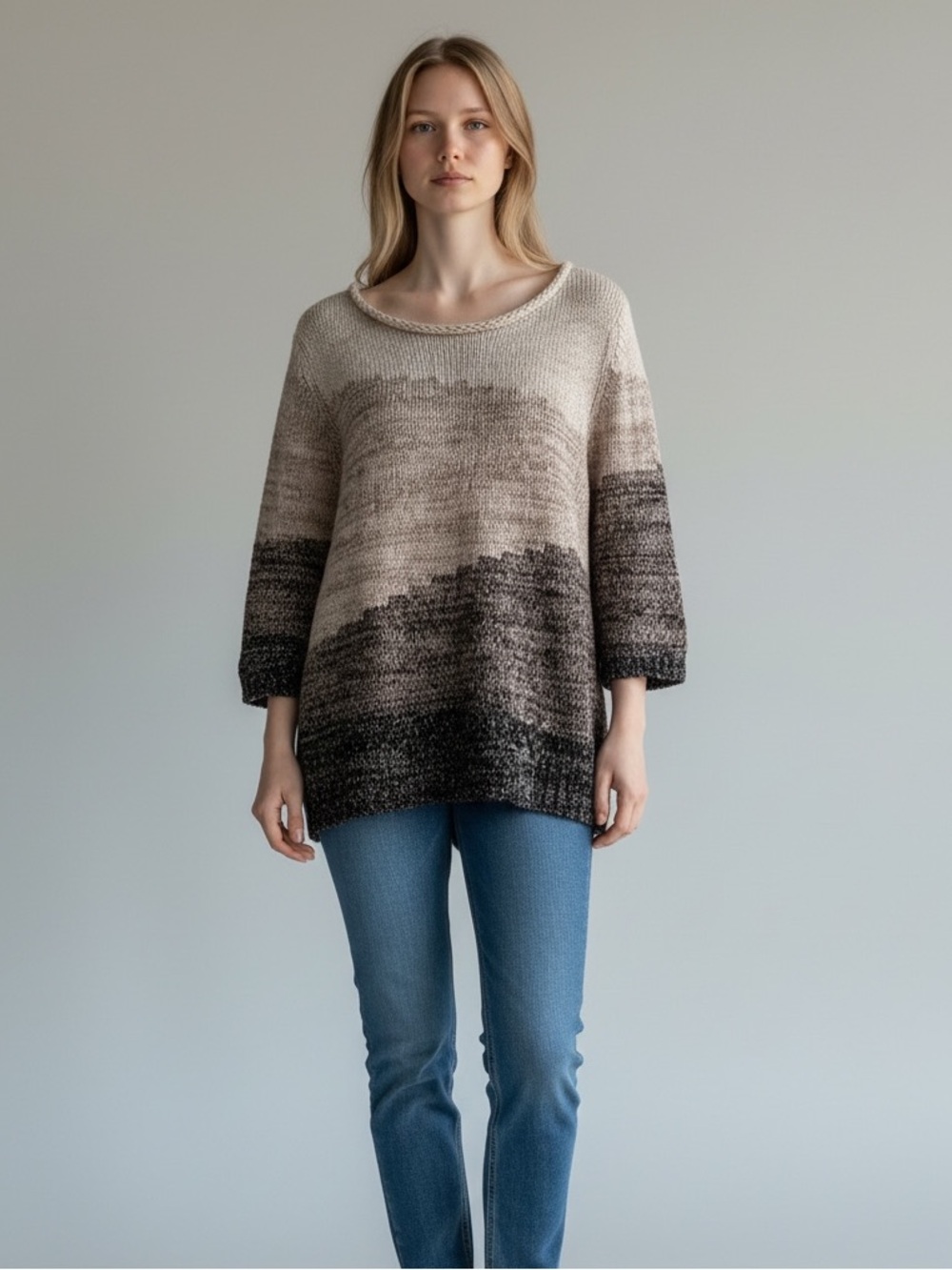 Karl Lagerfeld Ombre Scoop-Neck Sweater in Cream and Black